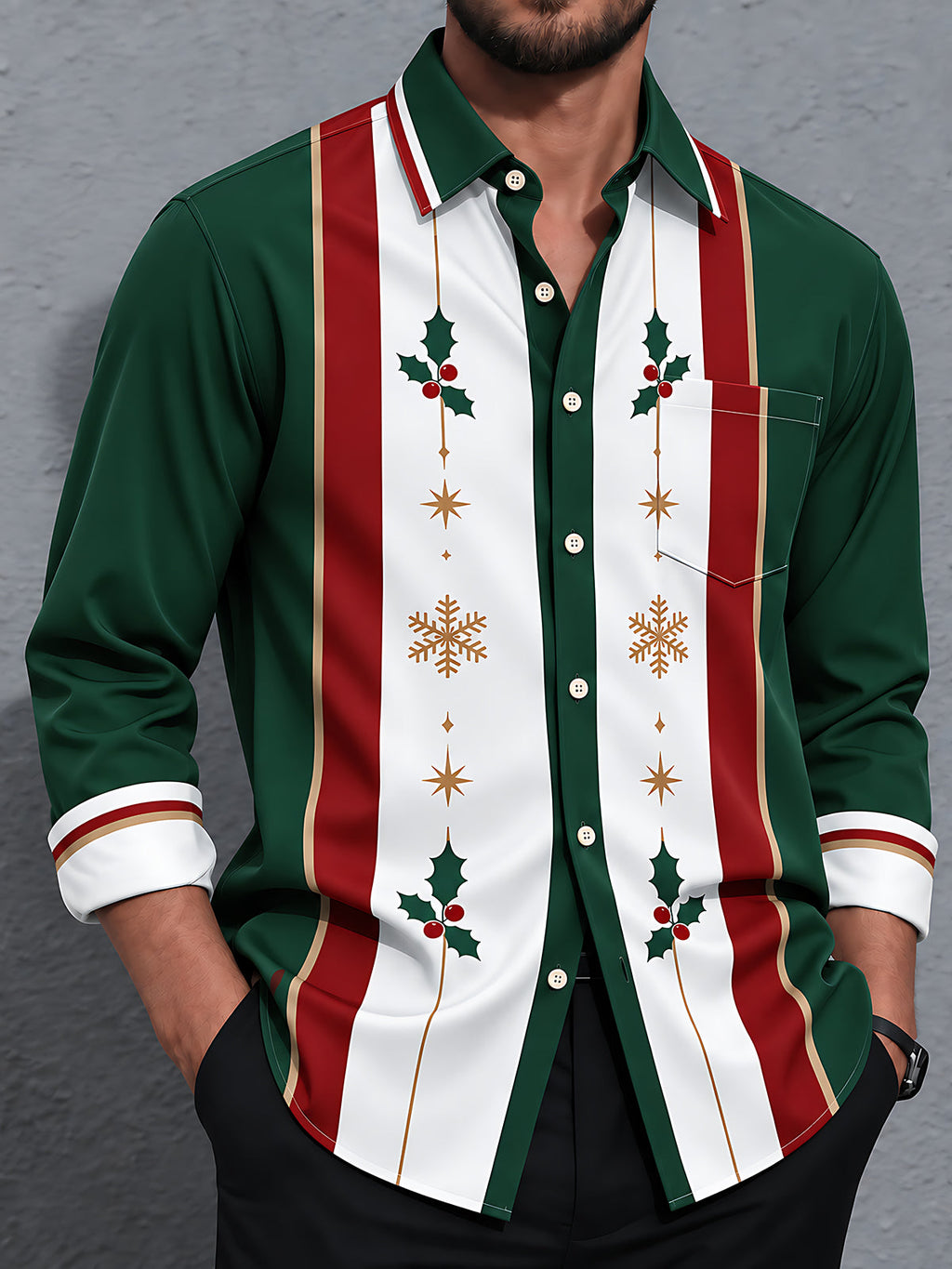 Oceanlyte Men's Patterned Christmas Holly And Snowflakes Print Long Sleeve Shirt with Chest Pocket