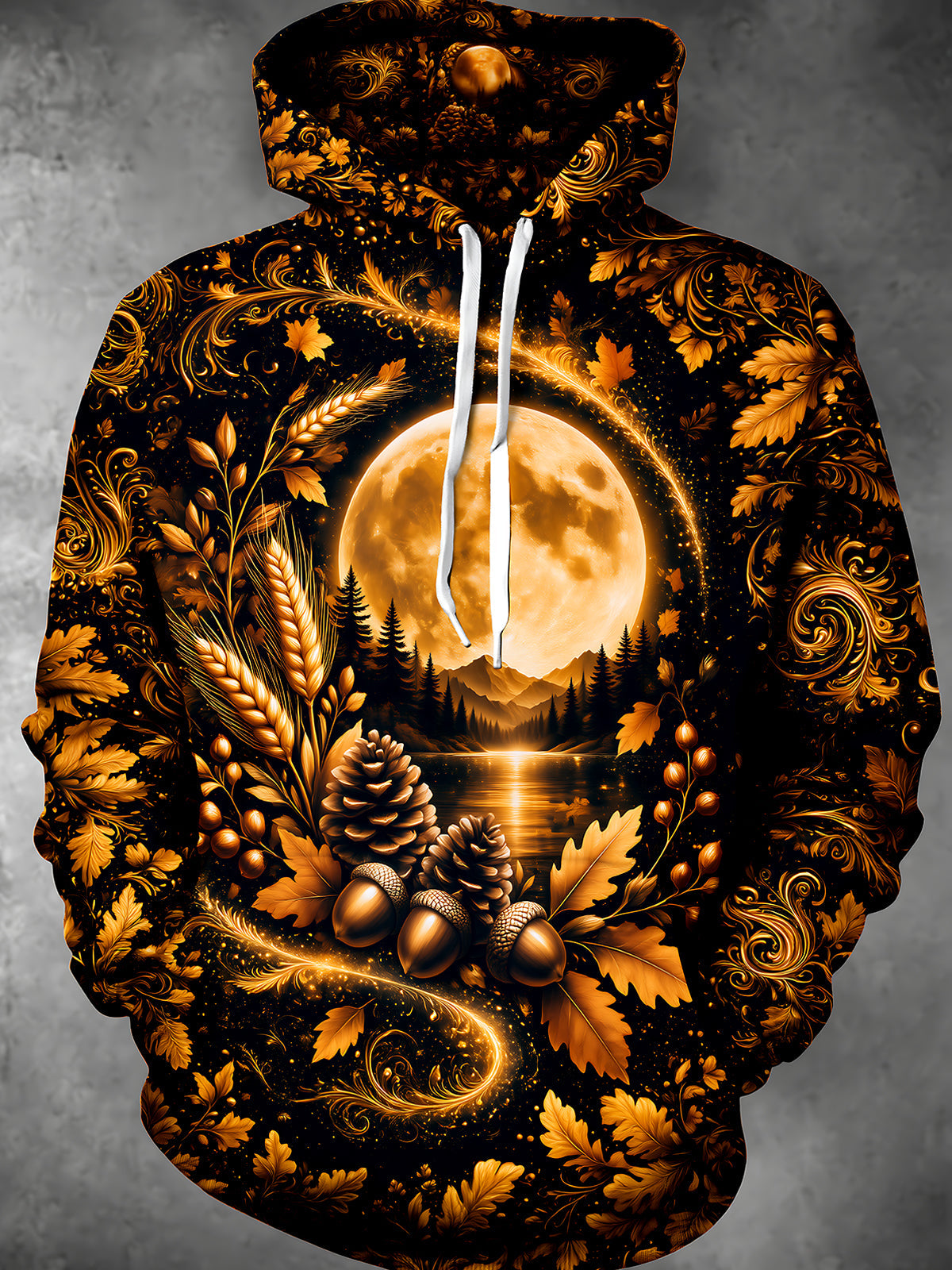 Oceanlyte Men's Long Sleeve Hoodie - Autumn Forest Landscape With Moon And Pine Cones Print