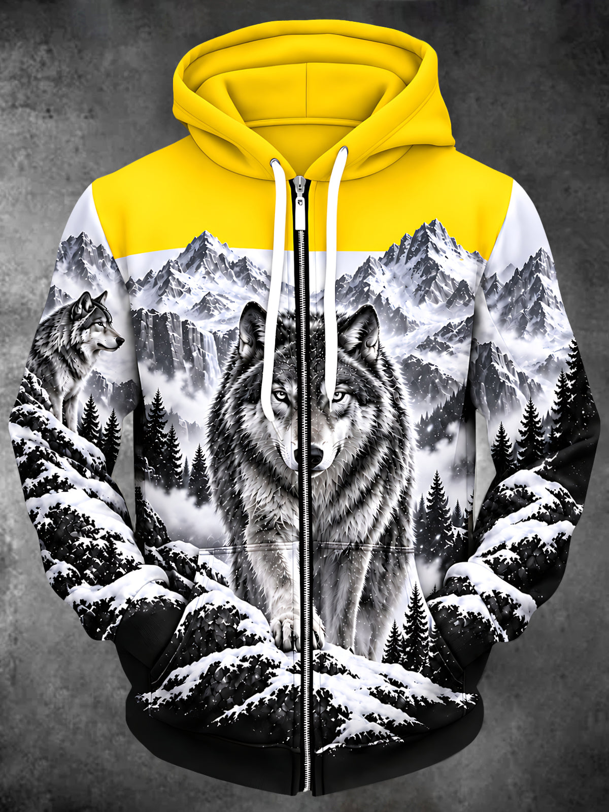 Oceanlyte Men's Long Sleeve Zip-Up Hoodie - Wolf And Snowy Mountain Landscape Print