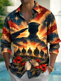 Oceanlyte Men's Long Sleeve Shirt - The "Lest We Forget" Veterans Day Soldier Silhouette Saluting With American Flag Background Print with Chest Pocket
