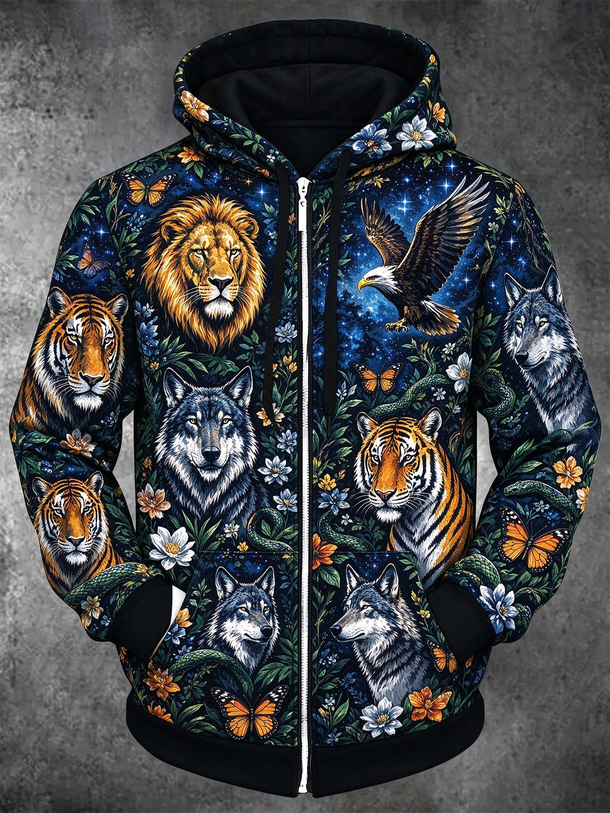 Oceanlyte Men's Long Sleeve Zip-Up Hoodie - Wild Animals Including Lions Tigers Wolves Eagles And Snakes Print with Kangaroo Pocket