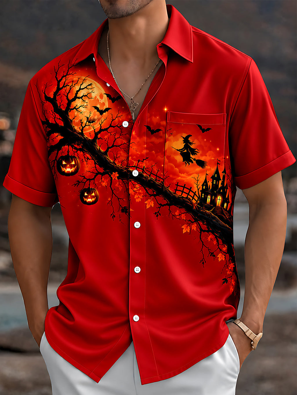 Oceanlyte Men's Graphic Halloween Witch And Pumpkins Print Short Sleeve Shirt with Chest Pocket