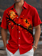 Oceanlyte Men's Graphic Halloween Witch And Pumpkins Print Short Sleeve Shirt with Chest Pocket