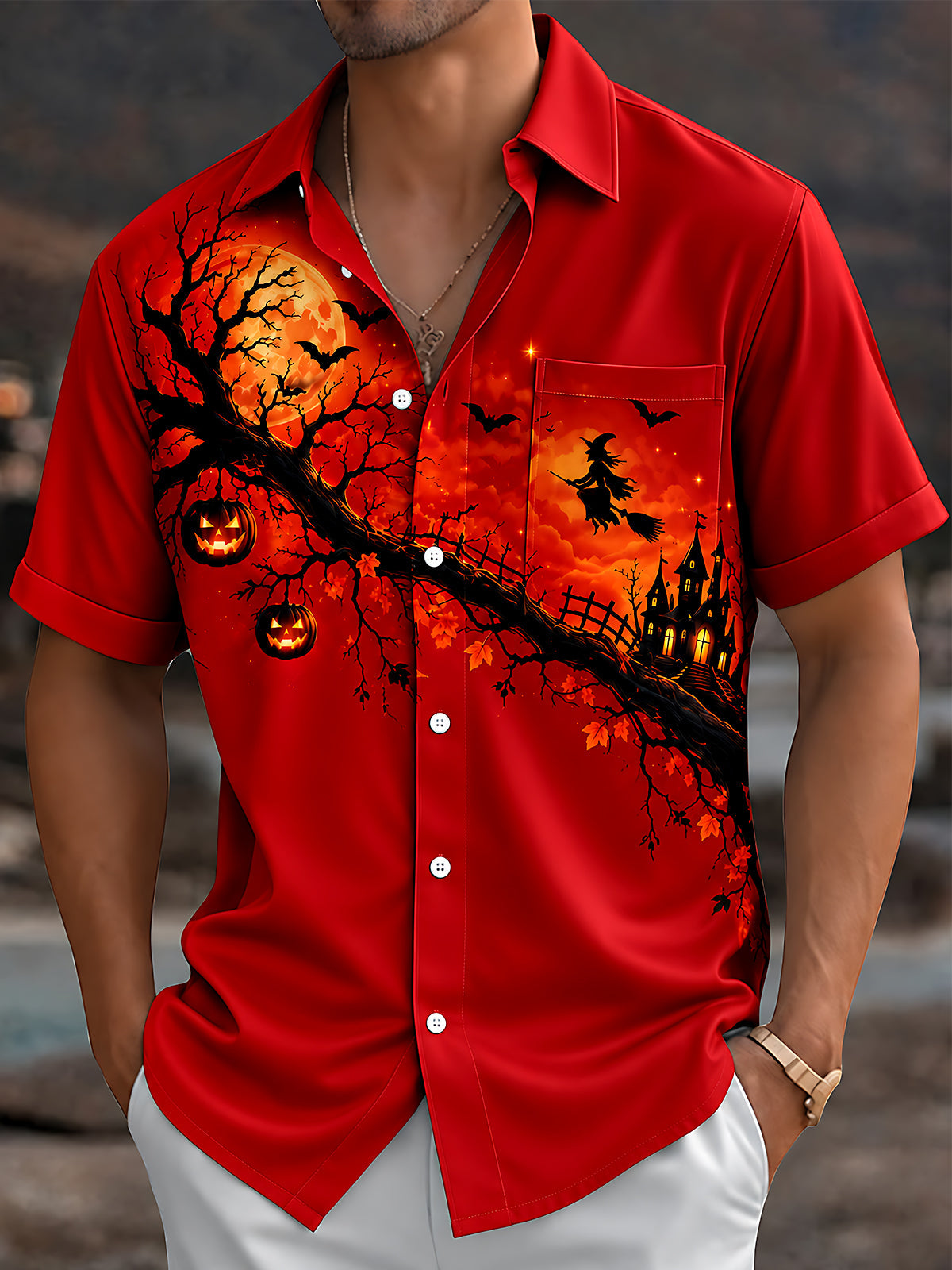 Oceanlyte Men's Graphic Halloween Witch And Pumpkins Print Short Sleeve Shirt with Chest Pocket