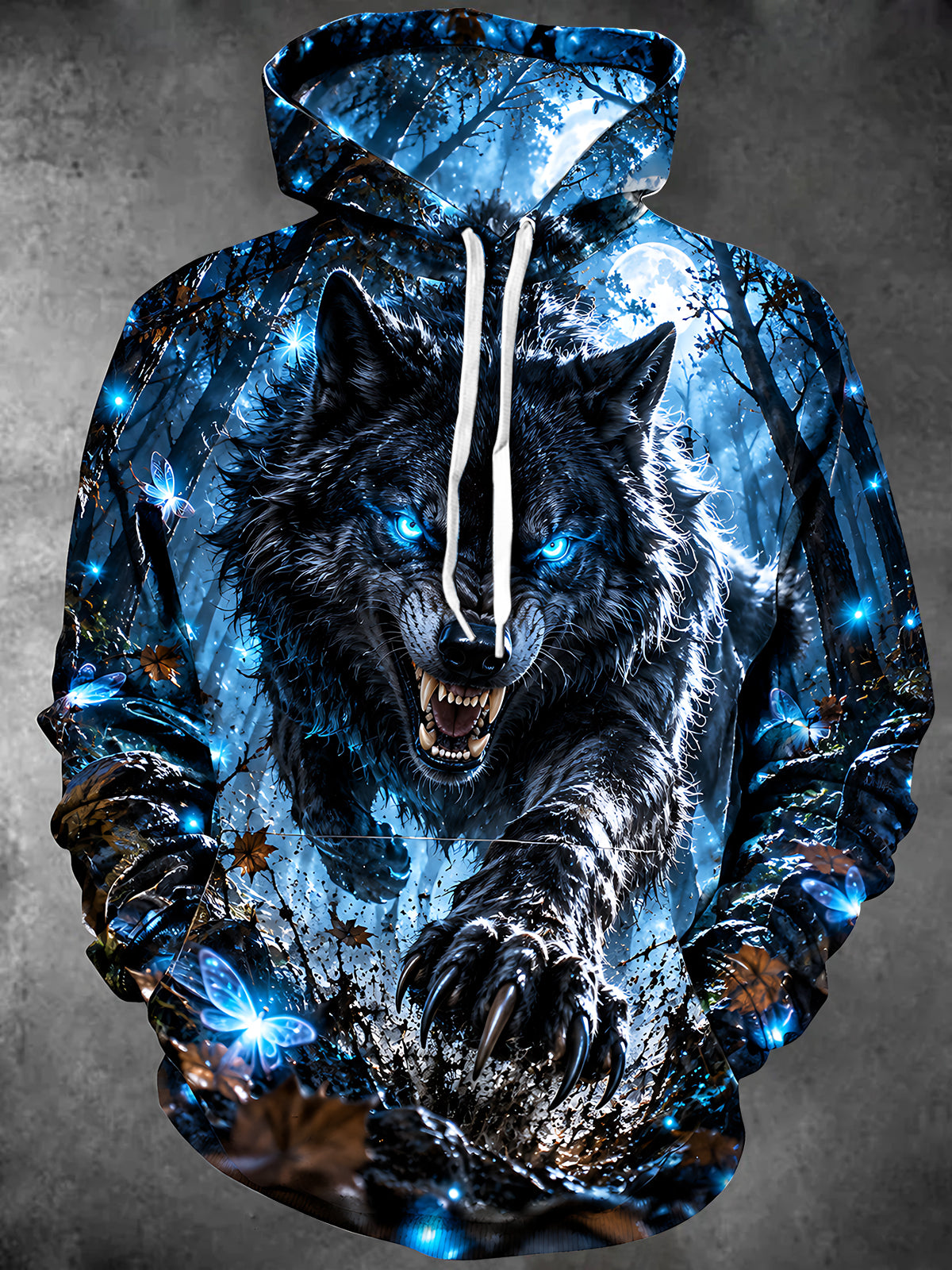 Oceanlyte Men's Long Sleeve Hoodie - Wolf In Forest With Moon And Butterflies Print