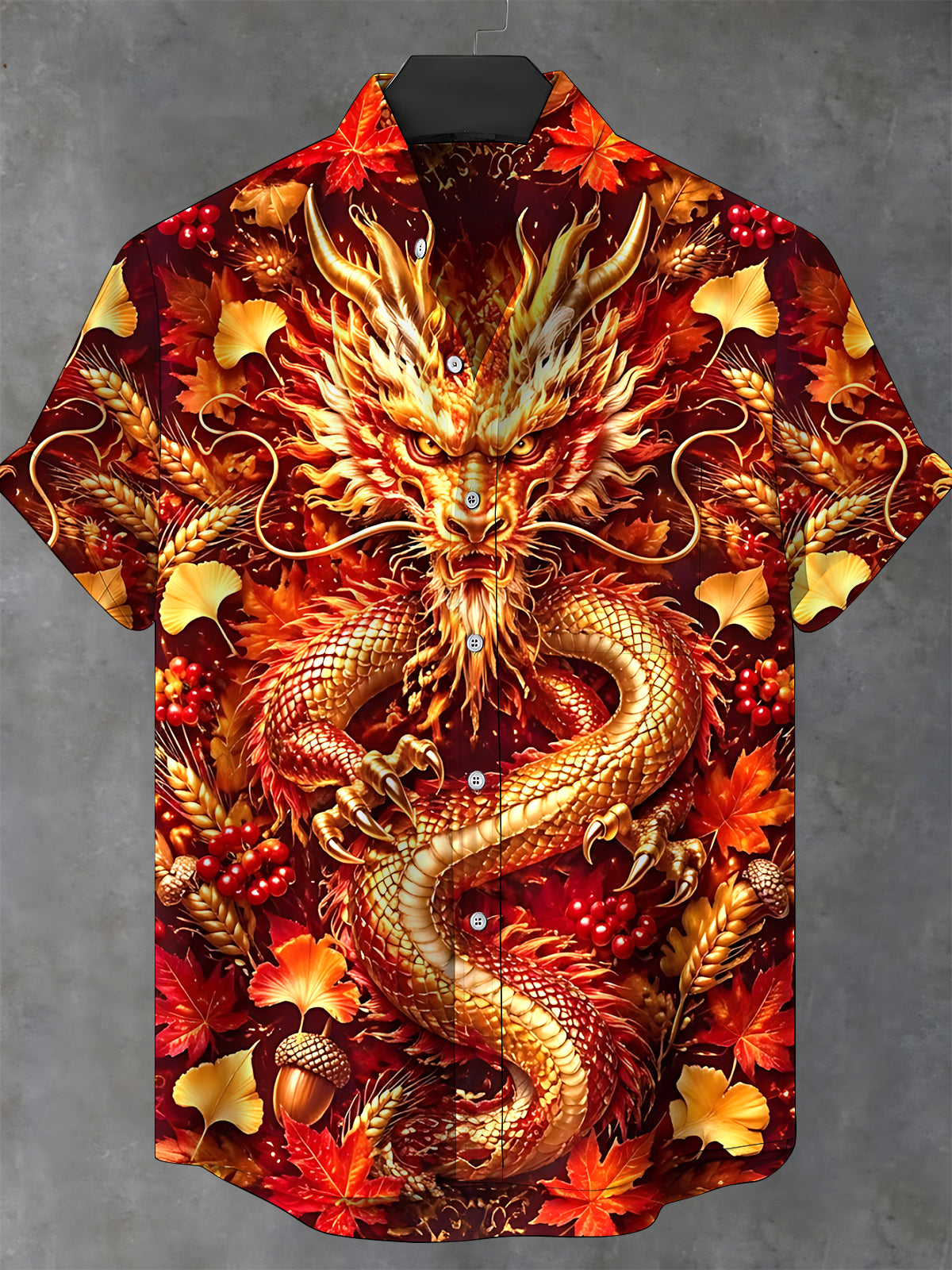 Oceanlyte Men's Short Sleeve Stand Collar Shirt - Autumn Dragon With Maple Leaves And Wheat Print with Chest Pocket