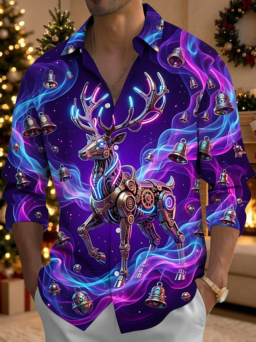 Oceanlyte Men's Long Sleeve Shirt - Cyberpunk Mechanical Reindeer And Christmas Bells Print with Chest Pocket