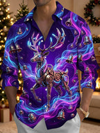 Oceanlyte Men's Long Sleeve Shirt - Cyberpunk Mechanical Reindeer And Christmas Bells Print with Chest Pocket