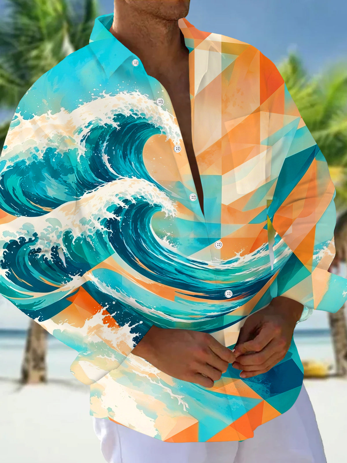 Oceanlyte Men's Hawaiian Geometric Watercolor Waves Print Long Sleeve Shirt with Chest Pocket