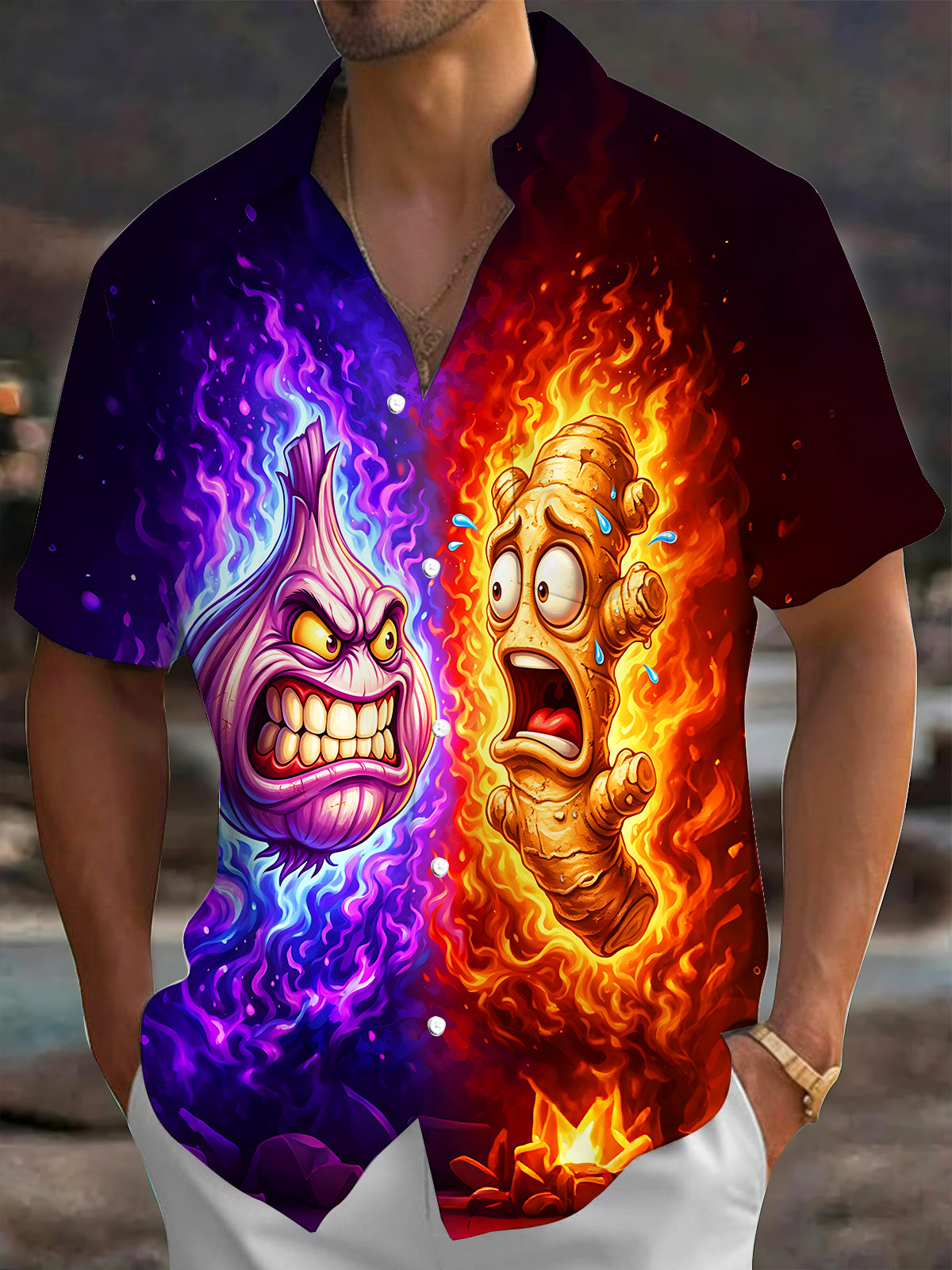 Oceanlyte Men's Graphic Cartoon Onion Fire Print Short Sleeve Shirt with Chest Pocket