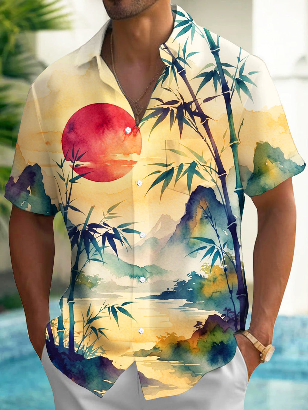 Oceanlyte Men's Hawaiian Bamboo Landscape With Red Sun Print Short Sleeve Shirt with Chest Pocket