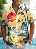 Oceanlyte Men's Hawaiian Bamboo Landscape With Red Sun Print Short Sleeve Shirt with Chest Pocket