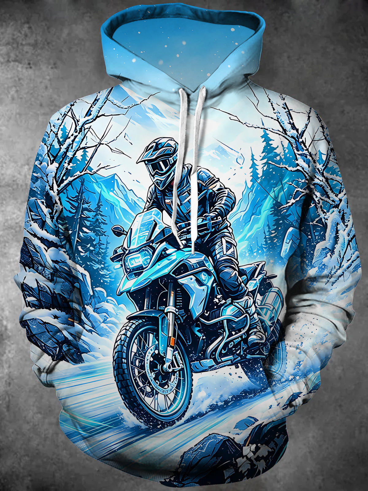 Oceanlyte Men's Long Sleeve Hoodie - Motorcycle Rider In Snowy Mountain Landscape Print