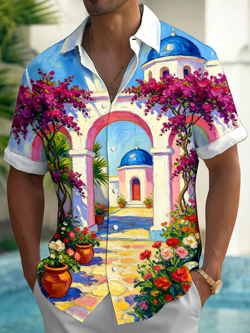 Oceanlyte Men's Short Sleeve Shirt - Mediterranean Scenery With Blue Domes And Bougainvillea Print with Chest Pocket