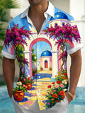 Oceanlyte Men's Short Sleeve Shirt - Mediterranean Scenery With Blue Domes And Bougainvillea Print with Chest Pocket