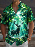 Oceanlyte Men's Hawaiian Deer In Forest With Sunbeams Print Short Sleeve Shirt with Chest Pocket