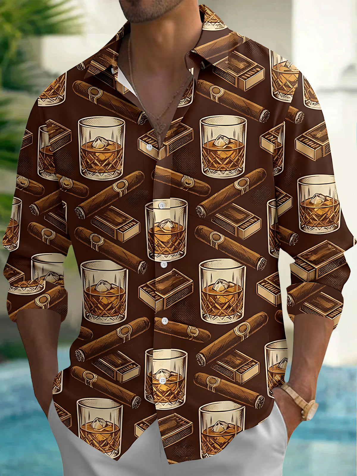 Oceanlyte Men's Hawaiian Whiskey Glasses With Ice Cubes Print Long Sleeve Shirt with Chest Pocket