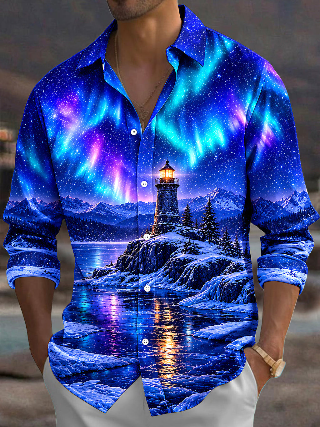 Oceanlyte Men's Printed Aurora Borealis And Lighthouse Print Long Sleeve Shirt with Chest Pocket