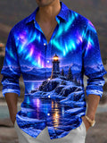 Oceanlyte Men's Printed Aurora Borealis And Lighthouse Print Long Sleeve Shirt with Chest Pocket