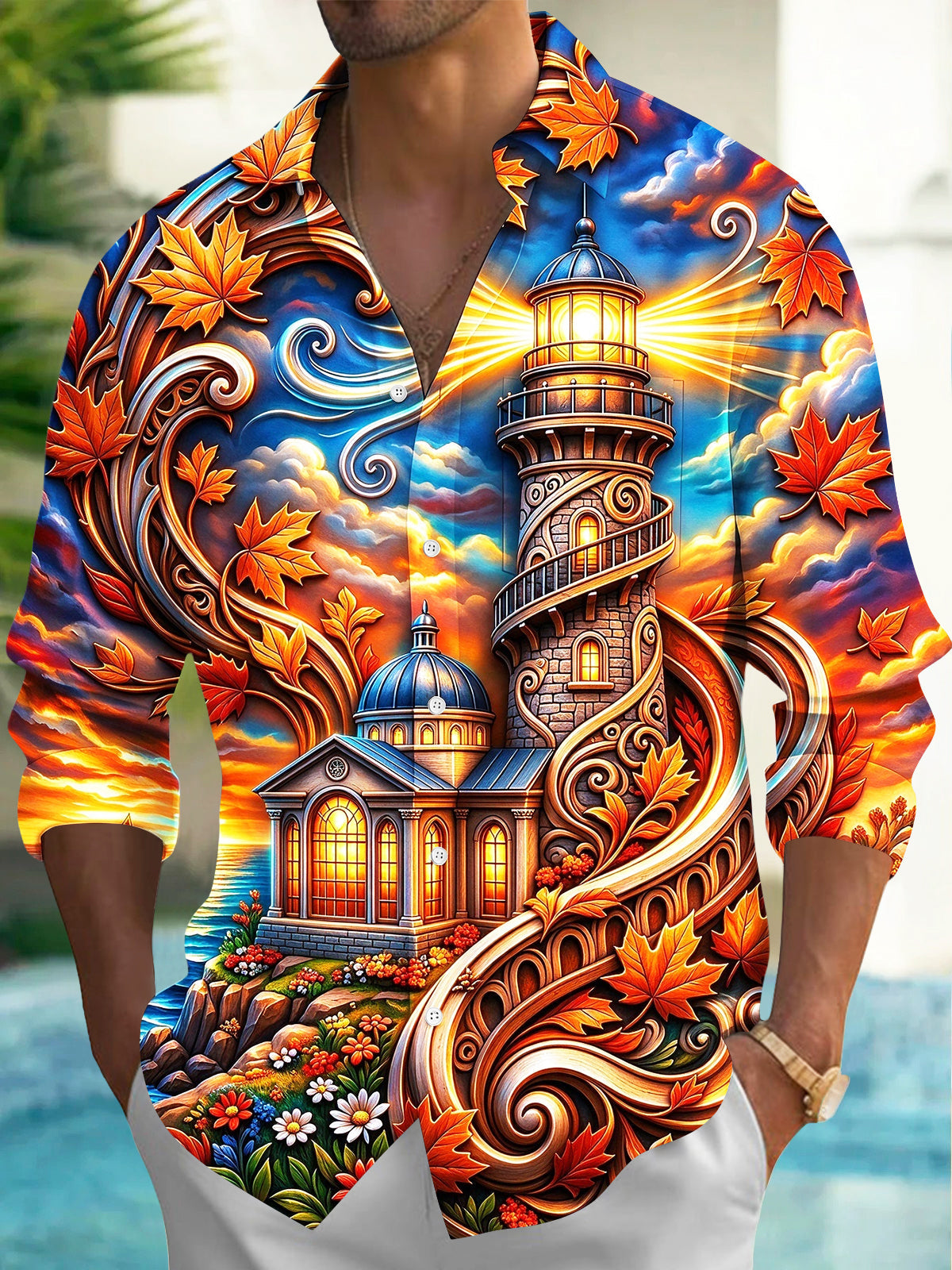 Oceanlyte Men's Hawaiian Lighthouse And Autumn Leaves Print Long Sleeve Shirt with Chest Pocket