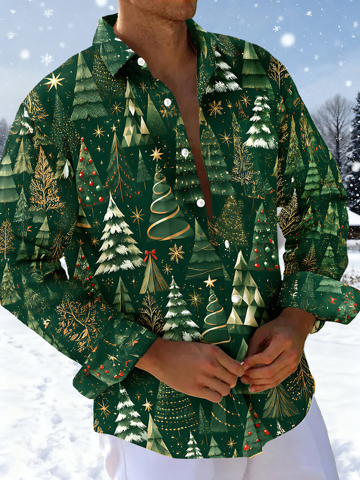 Oceanlyte Men's Printed Christmas Trees And Ornaments Print Long Sleeve Shirt with Chest Pocket