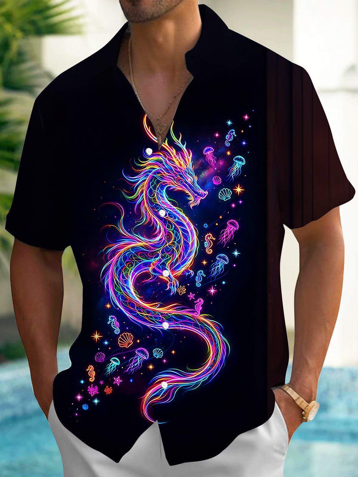 Oceanlyte Men's Graphic Neon Sea Dragon Print Short Sleeve Shirt with Chest Pocket