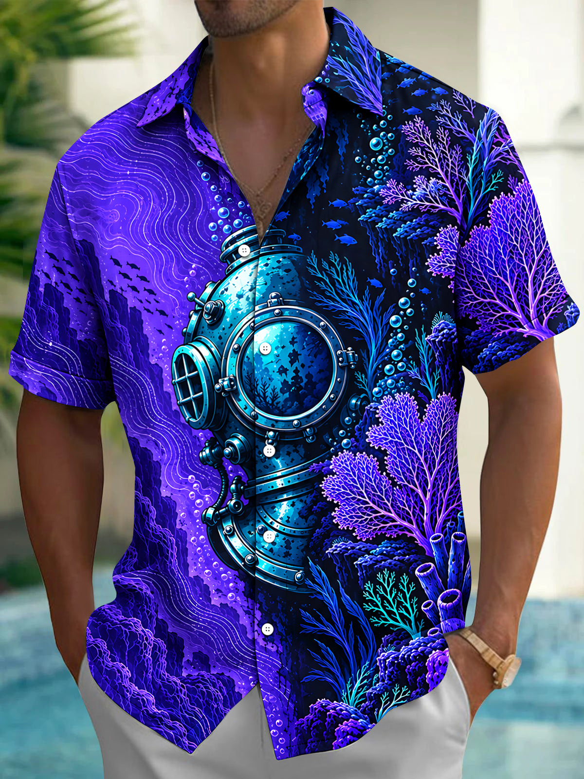 Oceanlyte Men's Short Sleeve Shirt - Vintage Diving Helmet And Underwater Coral Reef Print with Chest Pocket