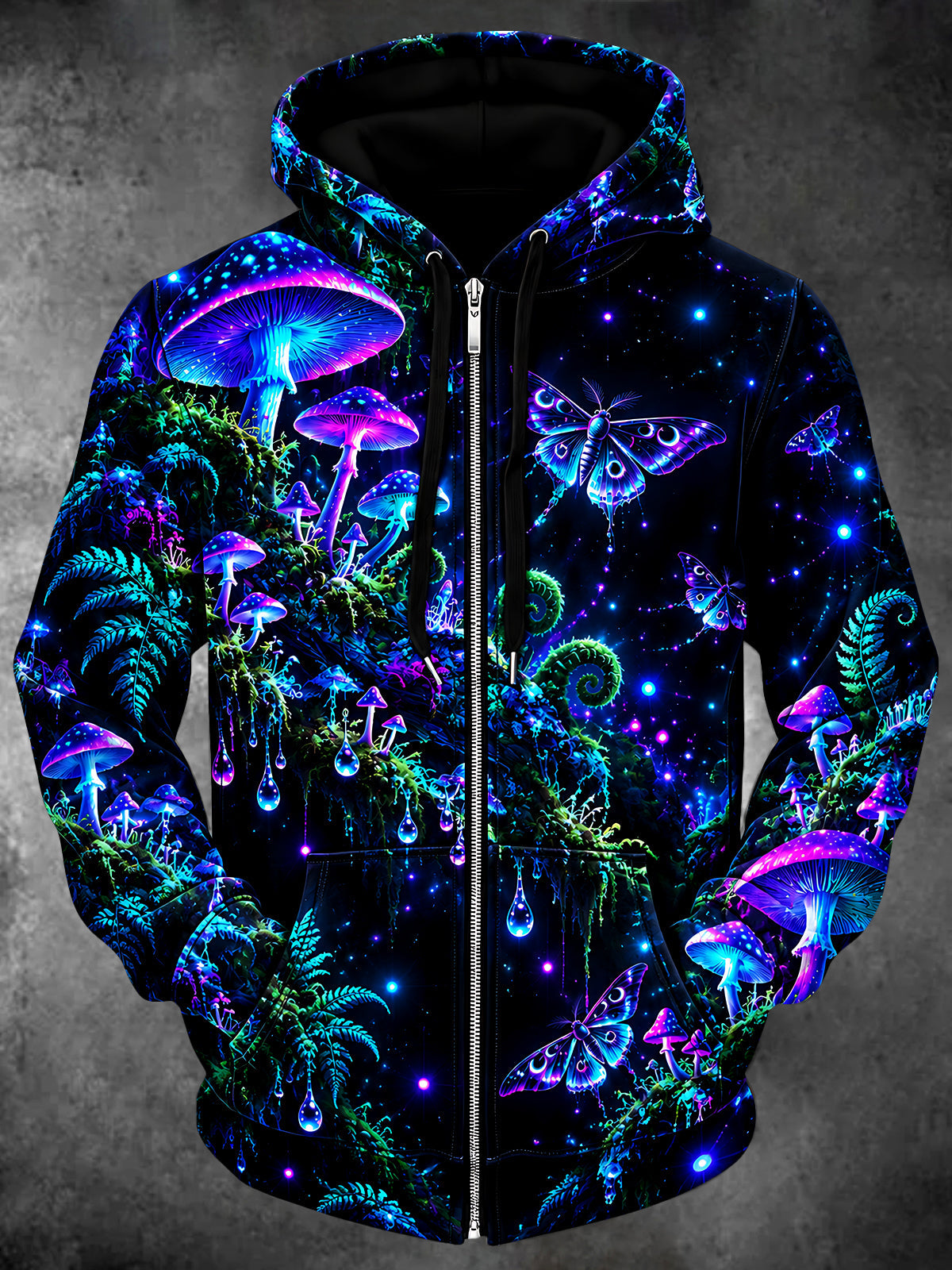 Oceanlyte Men's Neon Mushrooms And Moths Print Long Sleeve Zip-Up Hoodie with Kangaroo Pocket
