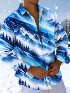Oceanlyte Men's Printed Snowy Mountains And Pine Forest Print Long Sleeve Shirt with Chest Pocket