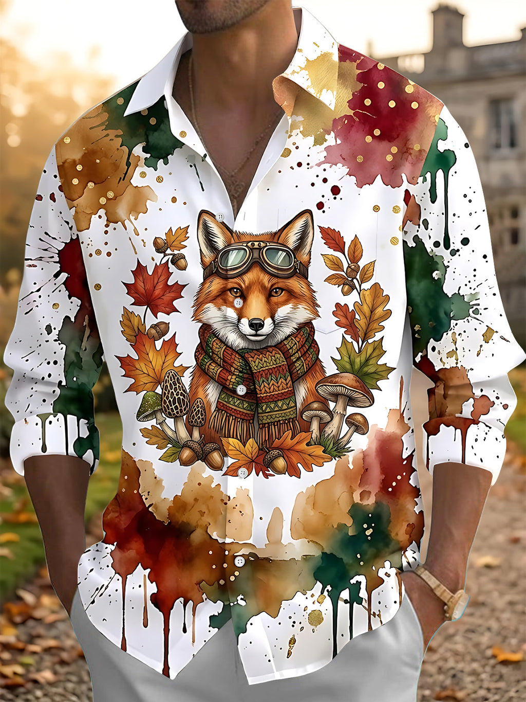 Oceanlyte Men's Graphic Fox With Goggles And Scarf Print Long Sleeve Shirt with Chest Pocket