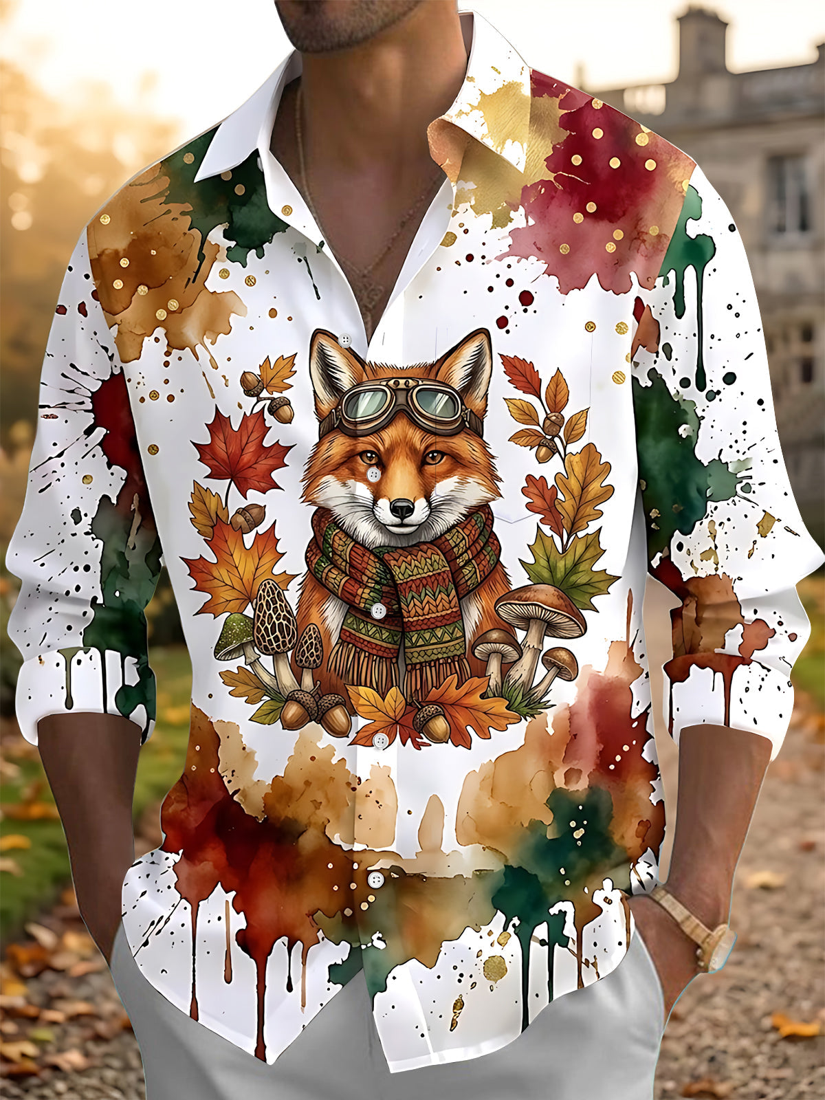 Oceanlyte Men's Graphic Fox With Goggles And Scarf Print Long Sleeve Shirt with Chest Pocket