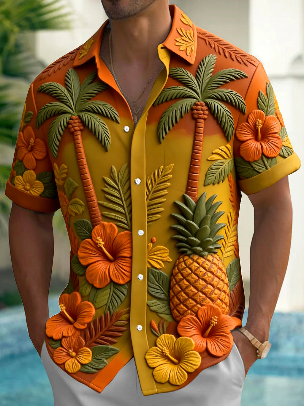 Oceanlyte Men's Hawaiian Palm Trees And Pineapples Print Short Sleeve Shirt with Chest Pocket
