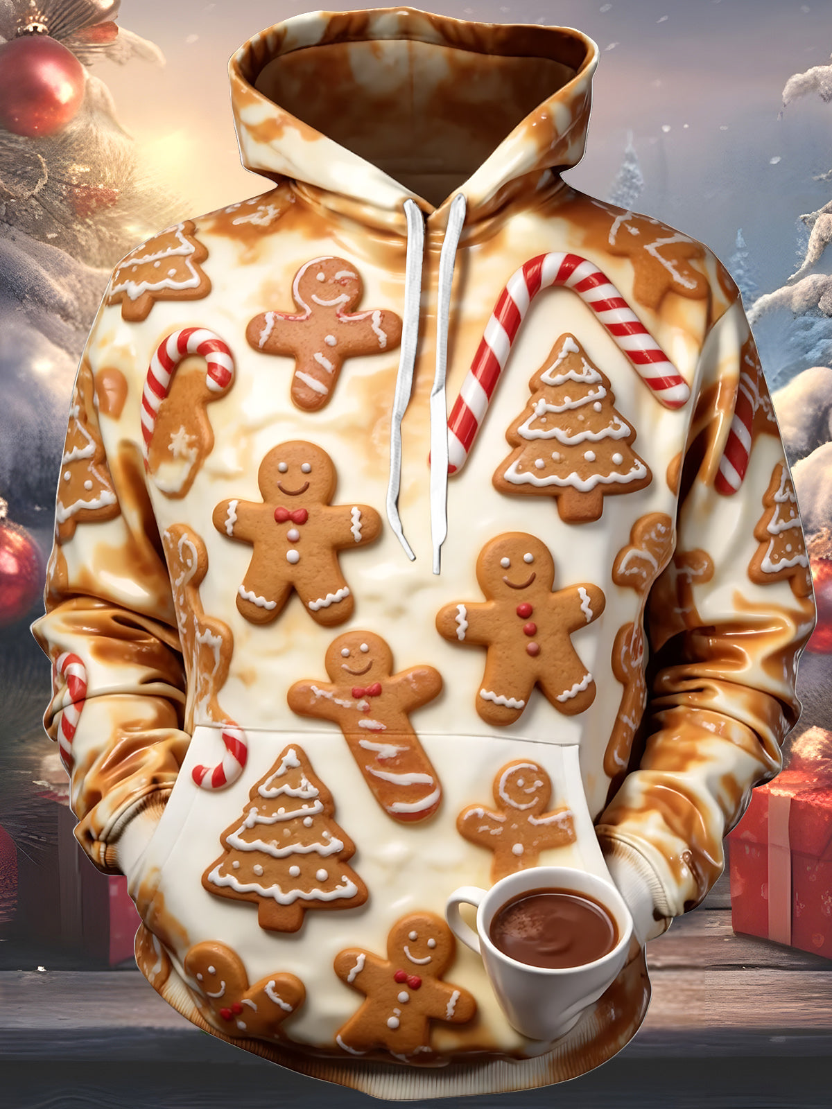 Oceanlyte Men's Gingerbread Men And Christmas Trees Print Long Sleeve Hoodie