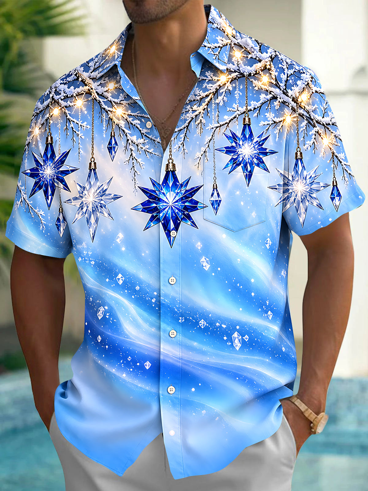 Oceanlyte Men's Blue Crystal Stars And Snowy Branches Print Short Sleeve Shirt with Chest Pocket