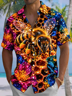 Oceanlyte Men's Hawaiian Bee And Honeycomb With Flowers Print Short Sleeve Shirt with Chest Pocket