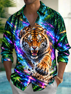 Oceanlyte Men's Hawaiian Tiger Head And Paw Print Long Sleeve Shirt with Chest Pocket