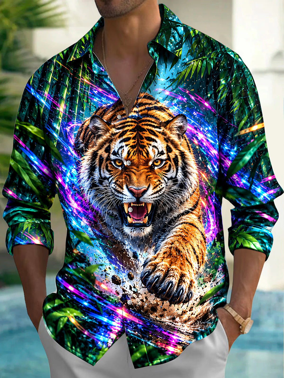 Oceanlyte Men's Hawaiian Tiger Head And Paw Print Long Sleeve Shirt with Chest Pocket