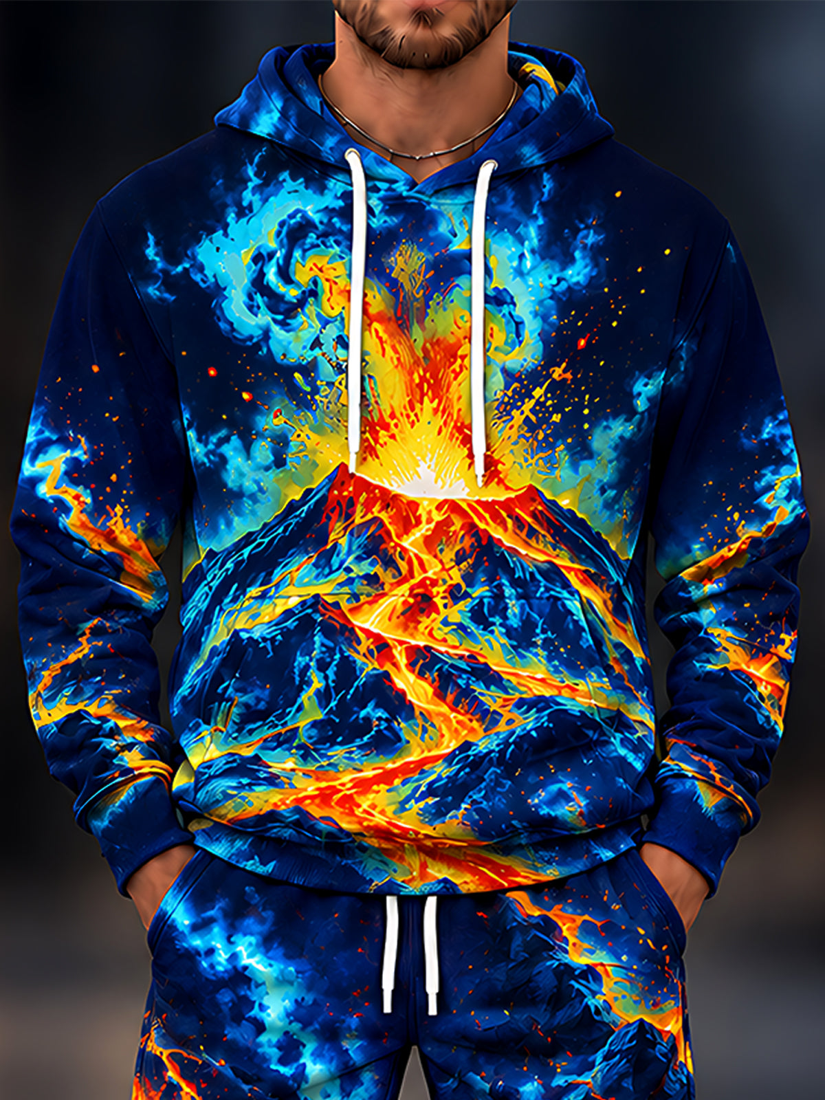 Oceanlyte Men's Graphic Volcano Eruption With Lava Flow Print Long Sleeve Hoodie