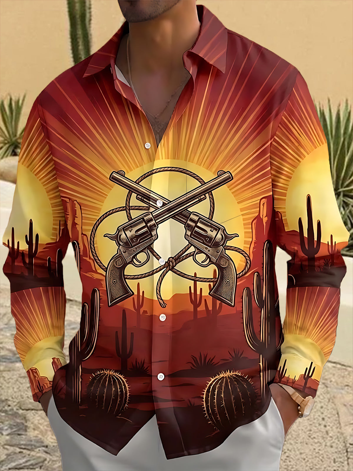Oceanlyte Men's Printed Revolvers And Lasso Print Long Sleeve Shirt with Chest Pocket
