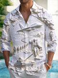 Oceanlyte Men's Long Sleeve Shirt - The "Combat Rescue" 3D Military Relief Scene With Soldiers And Vehicles Print with Chest Pocket