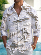 Oceanlyte Men's Long Sleeve Shirt - The "Combat Rescue" 3D Military Relief Scene With Soldiers And Vehicles Print with Chest Pocket