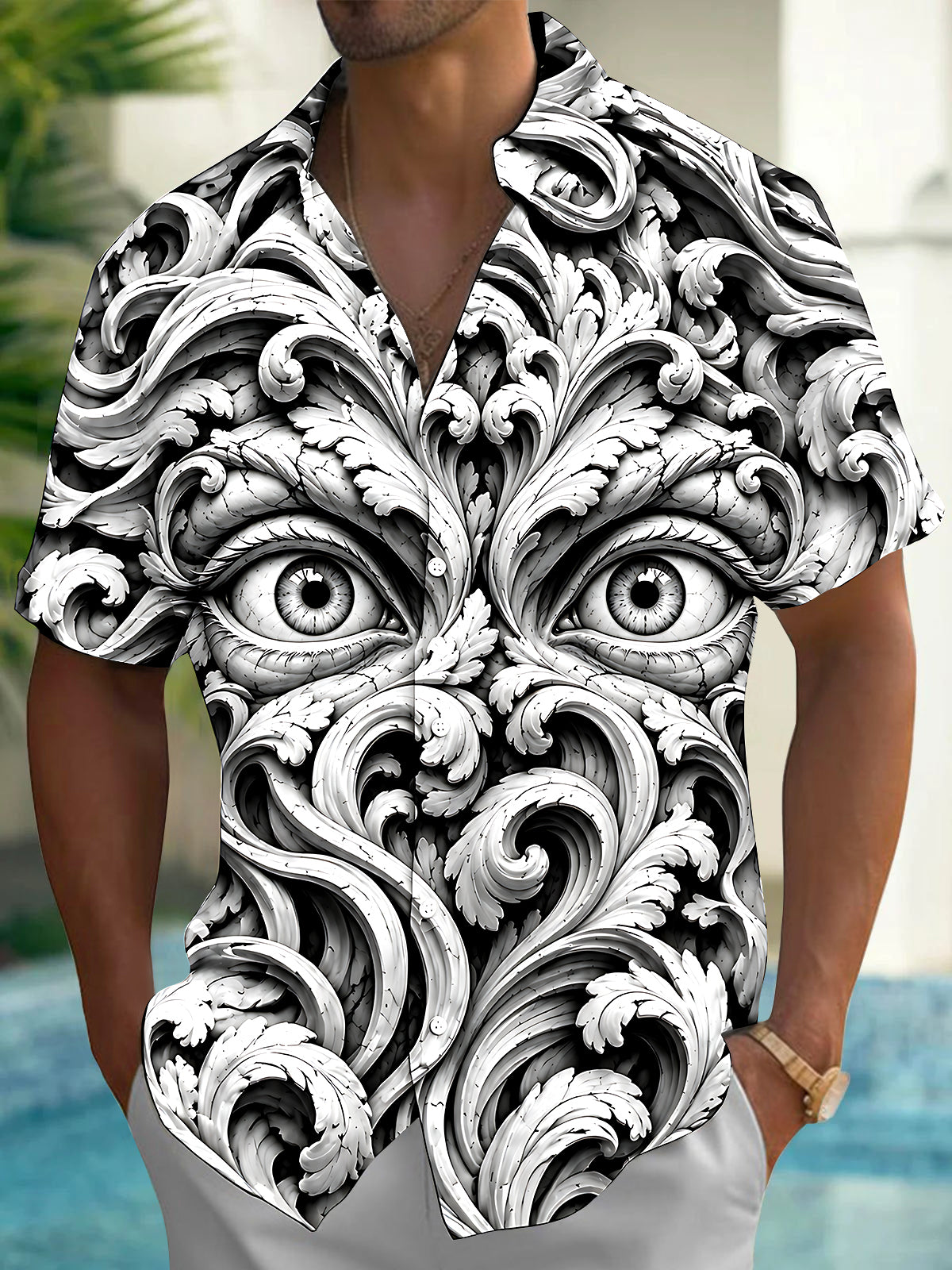 Oceanlyte Men's 3D Baroque Scrollwork And Human Eyes Print Short Sleeve Shirt with Chest Pocket