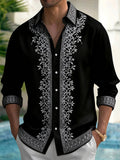 Oceanlyte Men's White Floral Vine And Geometric Border Pattern Long Sleeve Shirt with Chest Pocket