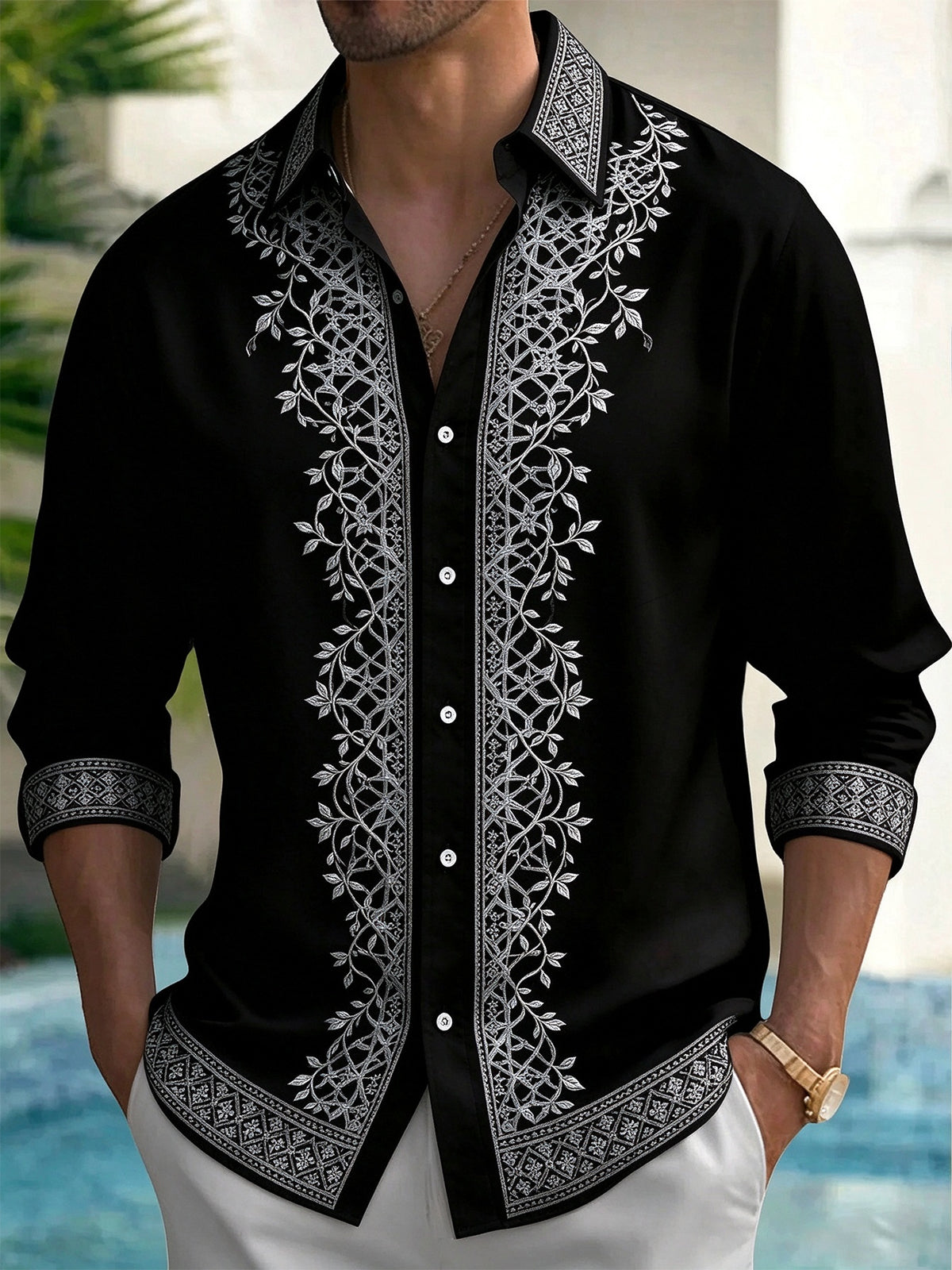 Oceanlyte Men's White Floral Vine And Geometric Border Pattern Long Sleeve Shirt with Chest Pocket
