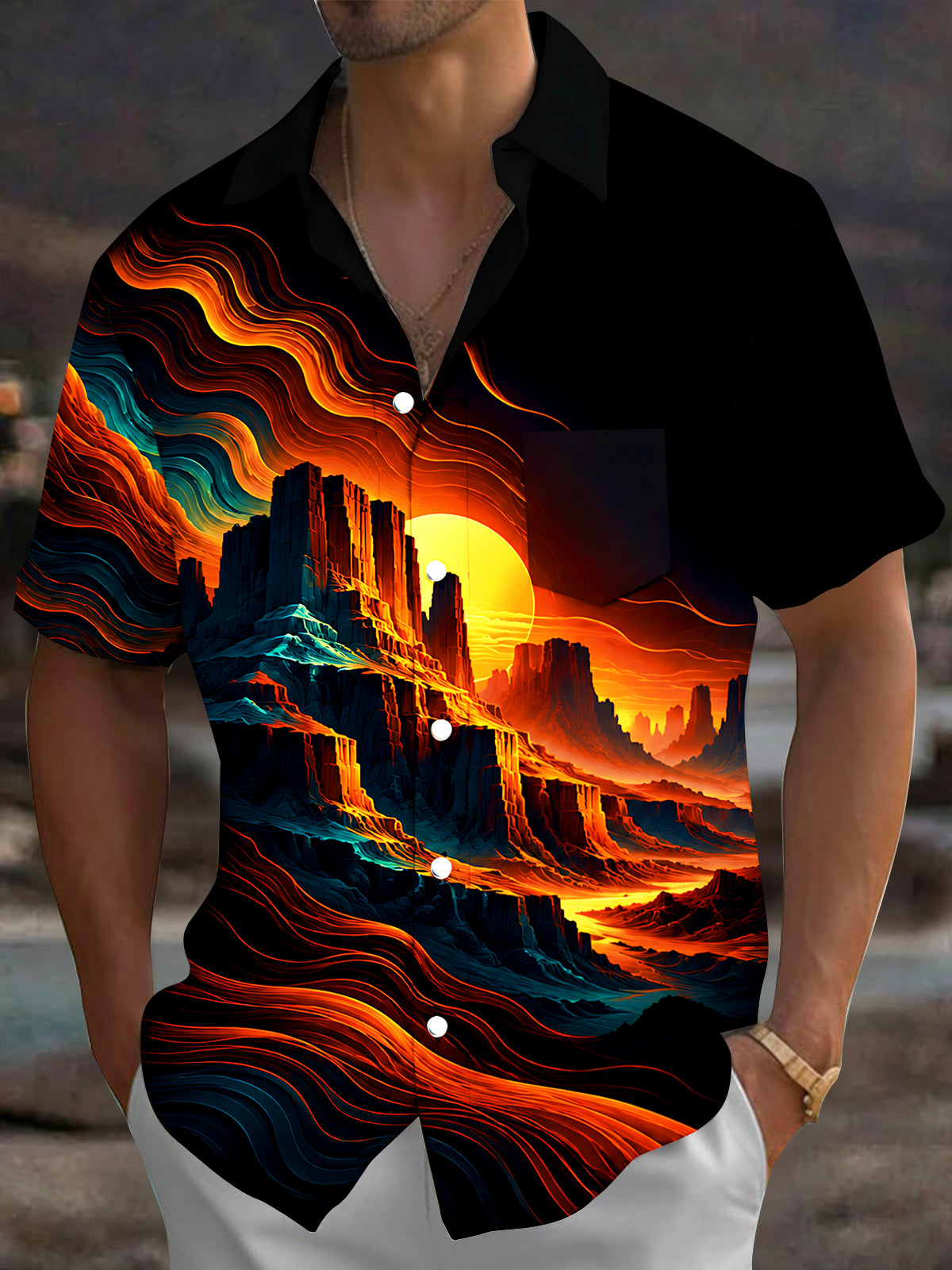 Oceanlyte Men's Neon Wave Canyon Sunset Landscape Print Short Sleeve Shirt with Chest Pocket