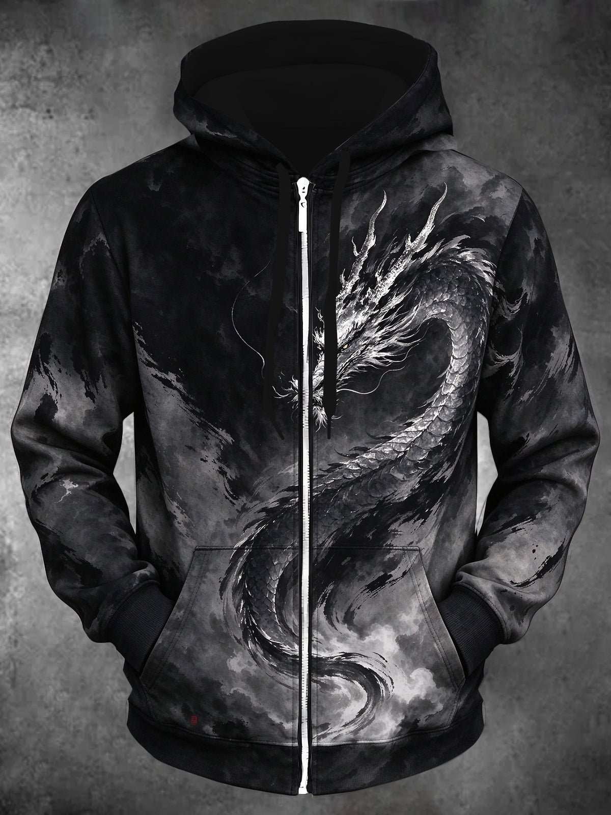 Oceanlyte Men's Graphic Asian Dragon Print Long Sleeve Zip-Up Hoodie with Kangaroo Pocket