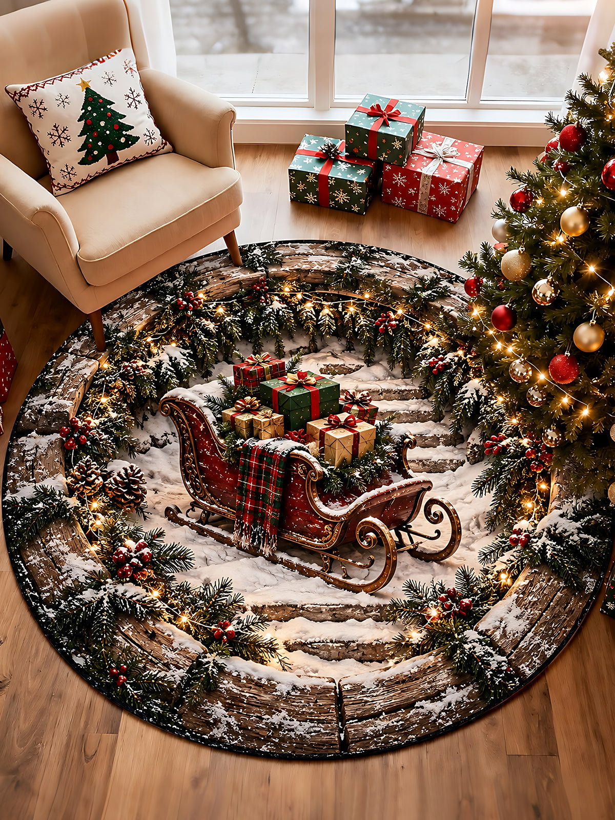 Oceanlyte Christmas sleigh Round Area Rug