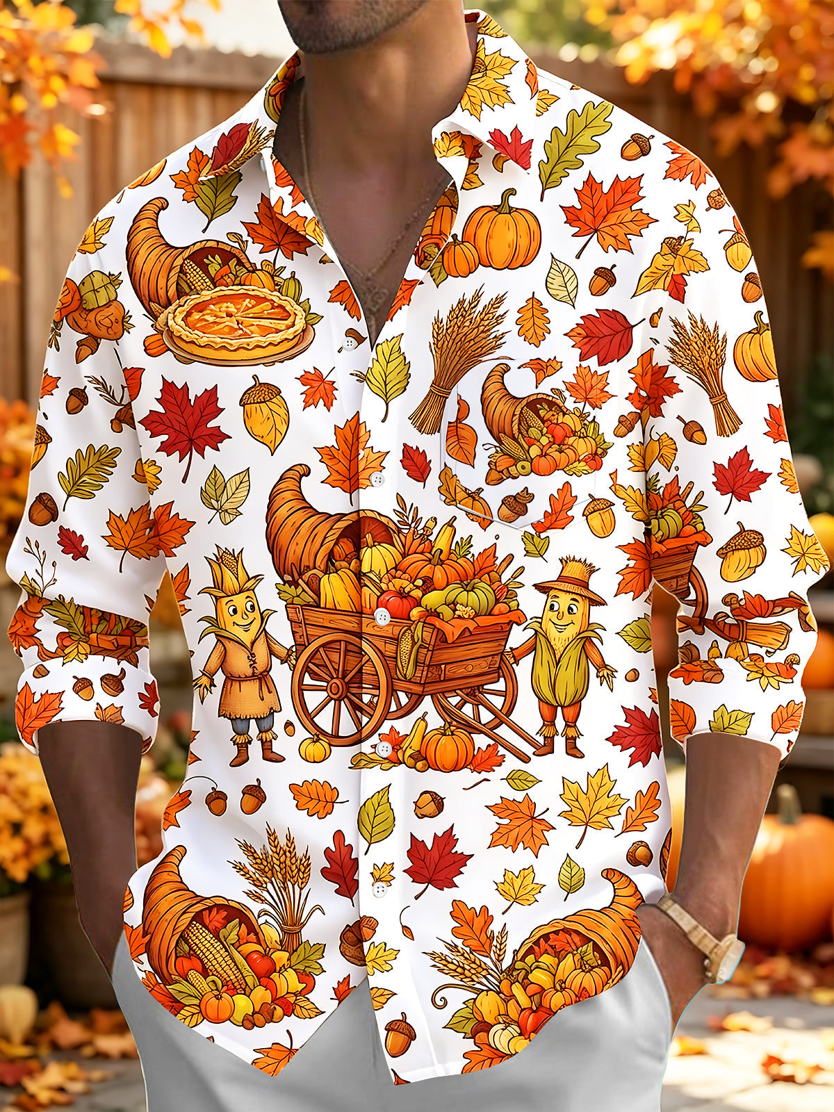 Oceanlyte Men's Long Sleeve Shirt - Thanksgiving Cornucopia And Harvest Cartoons Print with Chest Pocket
