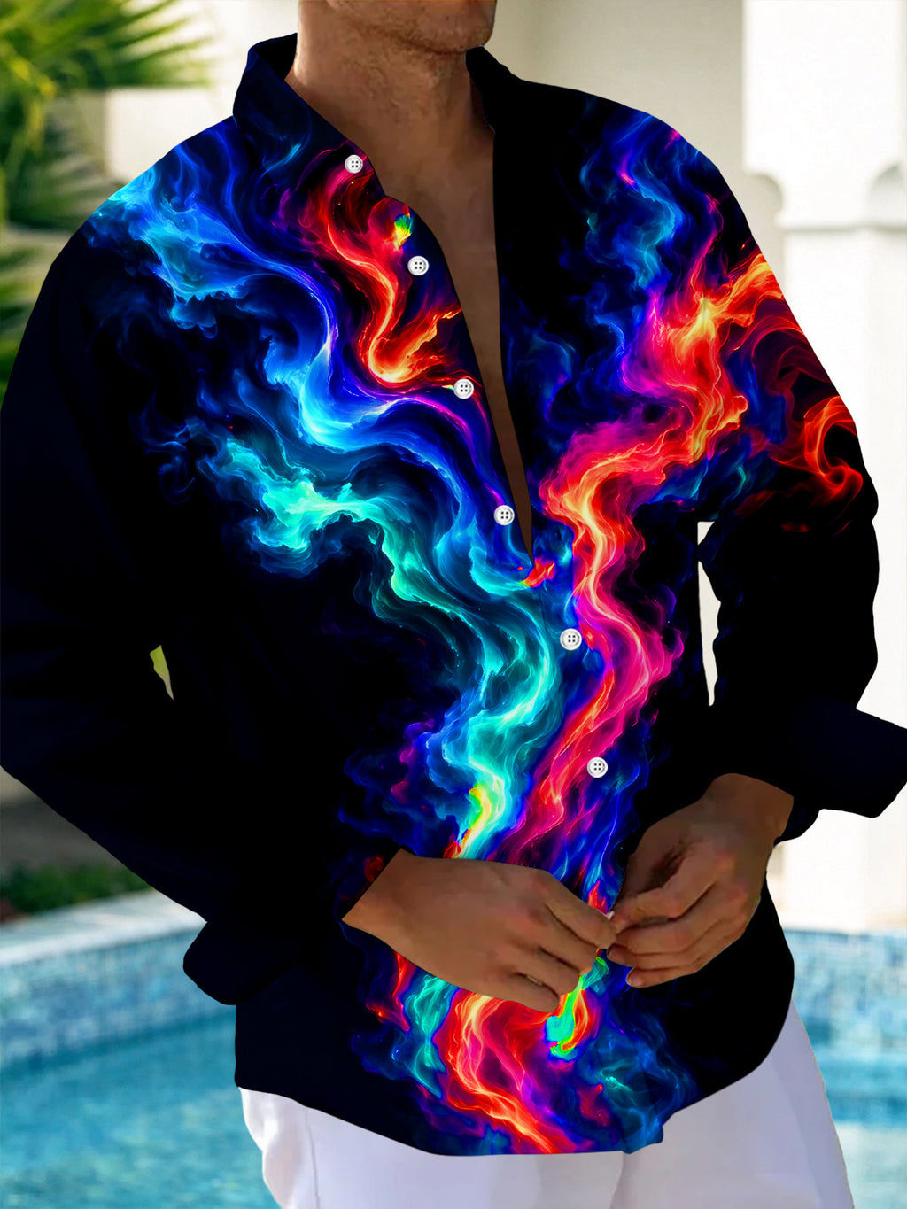 Oceanlyte Men's Abstract Abstract Color Smoke Print Long Sleeve Shirt with Chest Pocket