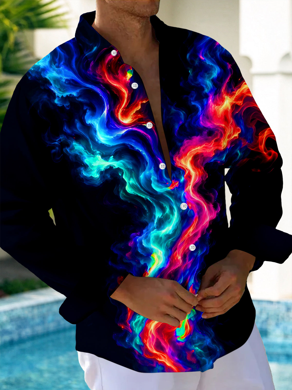 Oceanlyte Men's Abstract Abstract Color Smoke Print Long Sleeve Shirt with Chest Pocket
